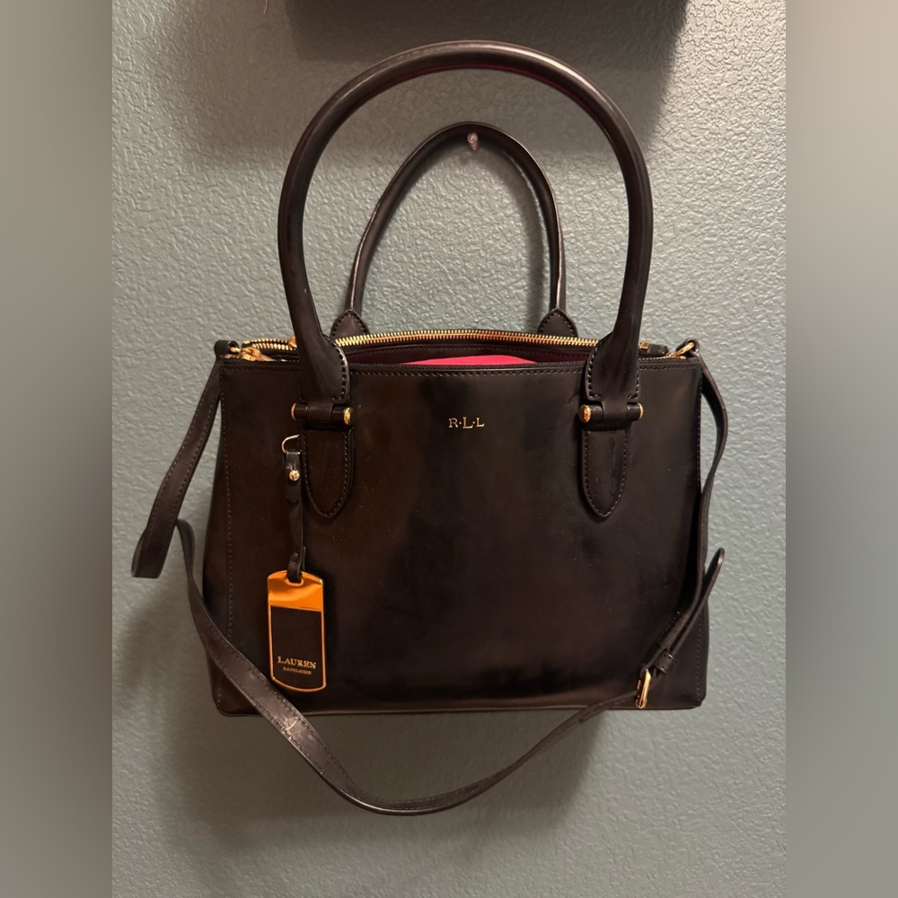 Lauren Ralph Lauren Black Leather Double Zip Satchel Crossbody
